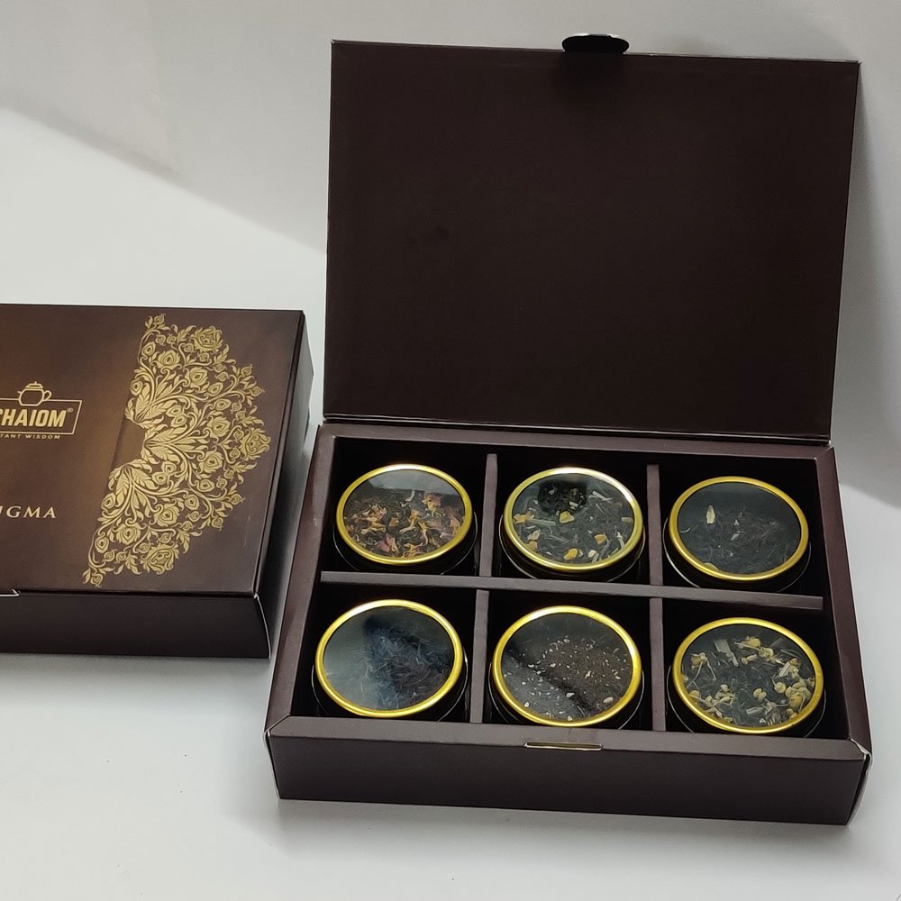 Tea gift set having 6 flavors of herbal tea.